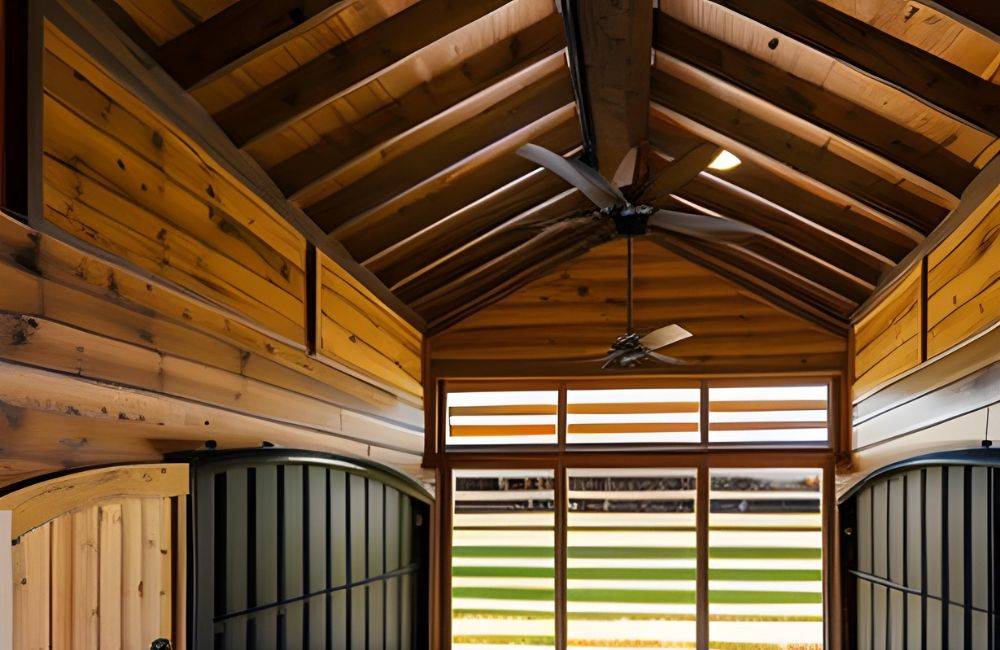 black fans attached to horse barn ceiling