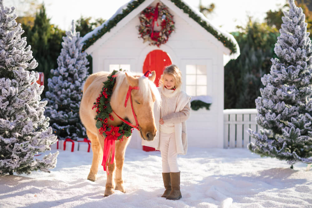 girl and pony with wreath near the small wooden house