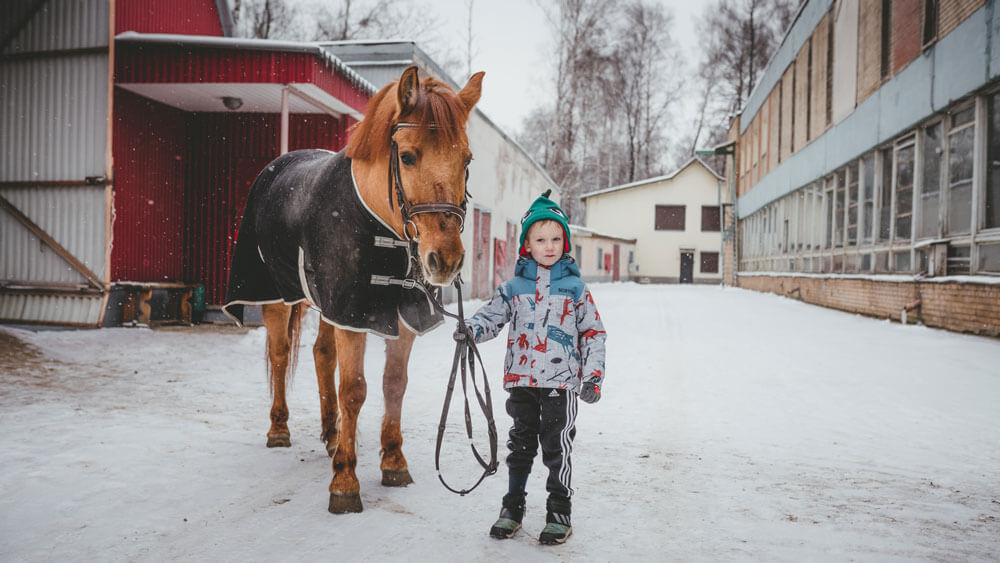 little boy is holding a blanketed horse