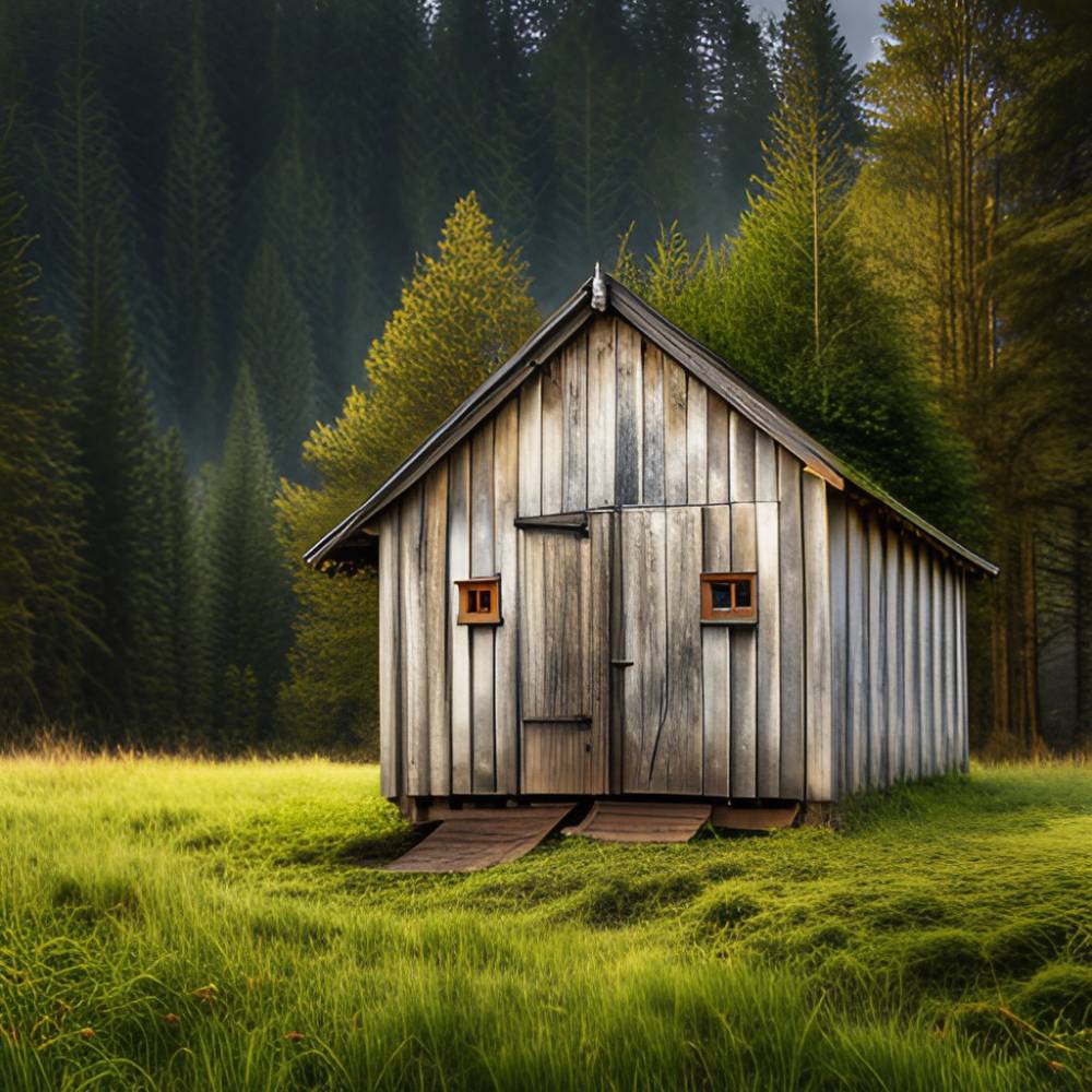 old barn surrounded by forest