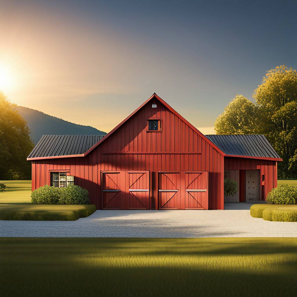 red horse barn on sunset