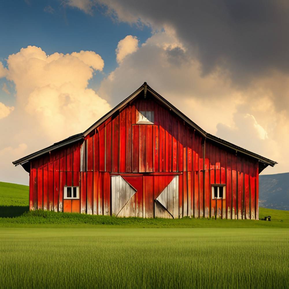 red old barn on green grass