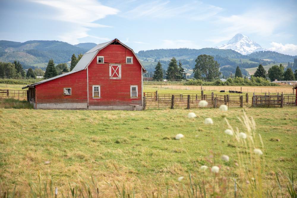 red wooden horse barn mountains