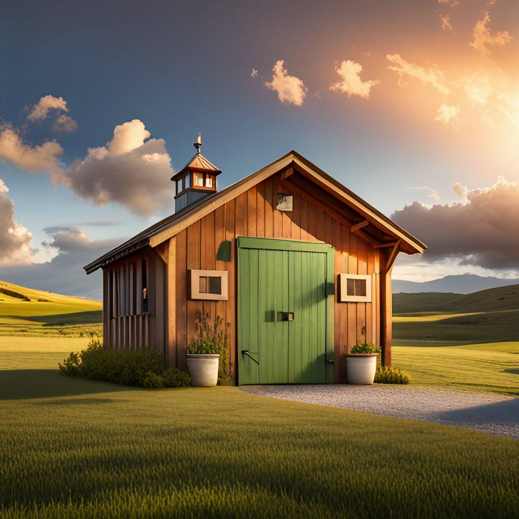 small horse barn with green door