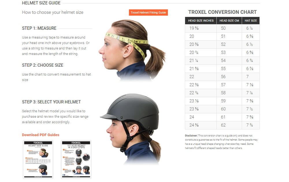 troxel helmet size chart