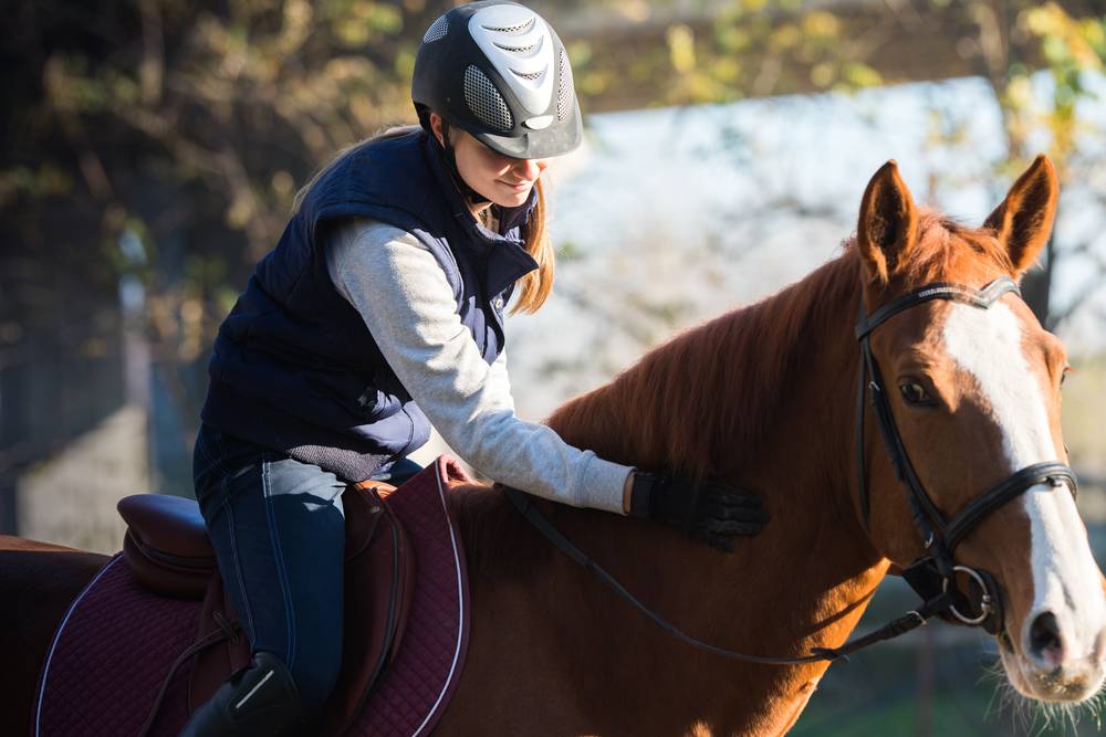 woman in blue breeches petting horse