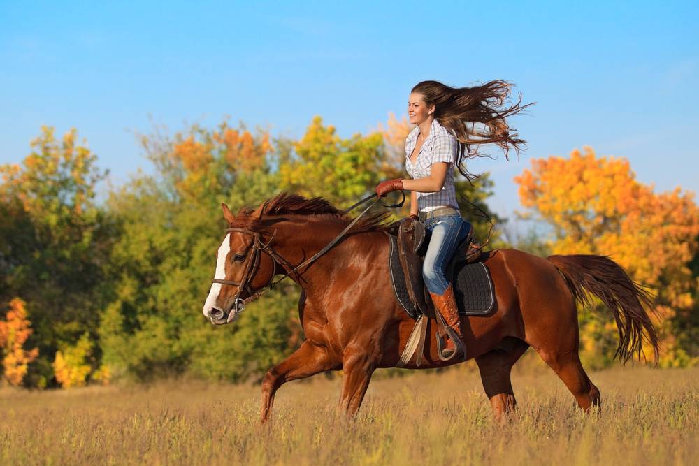 woman in western jeans galloping